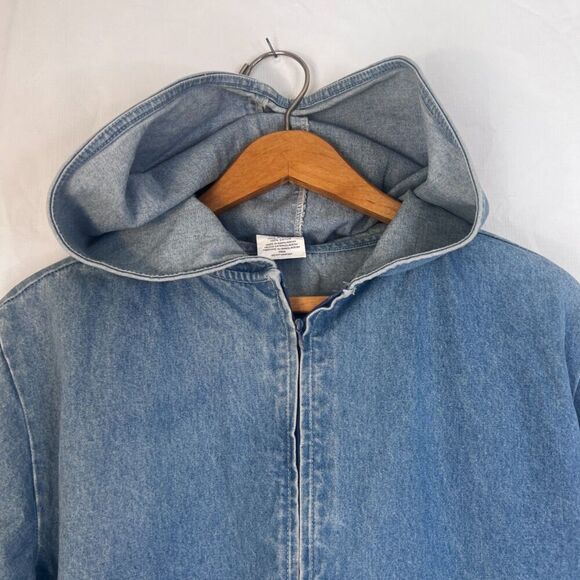 Chic Denim Jacket Hooded Soft Full Zip 100% Cotton Casual Cool Retro Y2K Size LG - Picture 6 of 11
